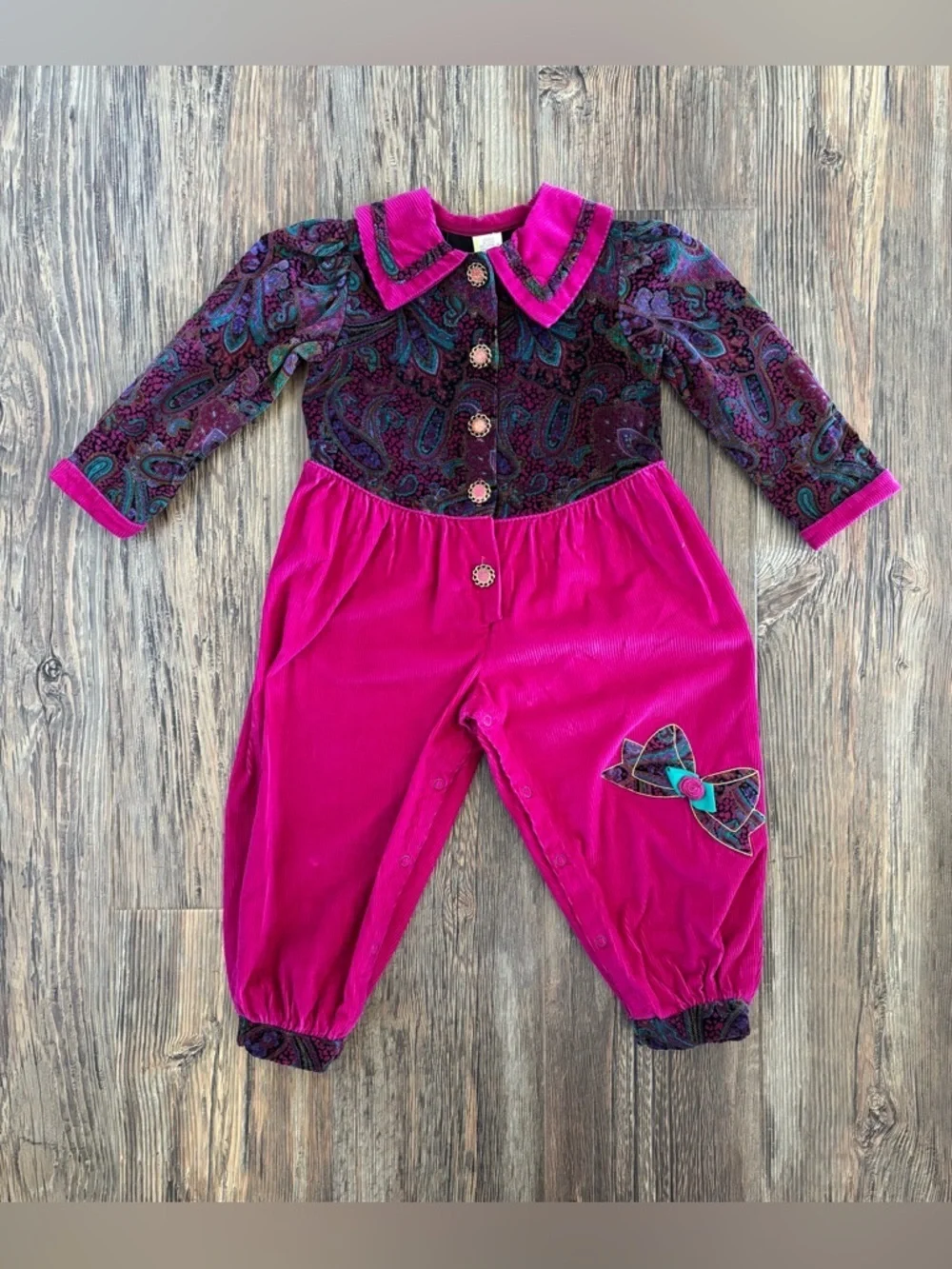 Vtg Kids Corduroy Jumpsuit Jumper Romper Girls 3T Pink Colorful Paisley Cottage